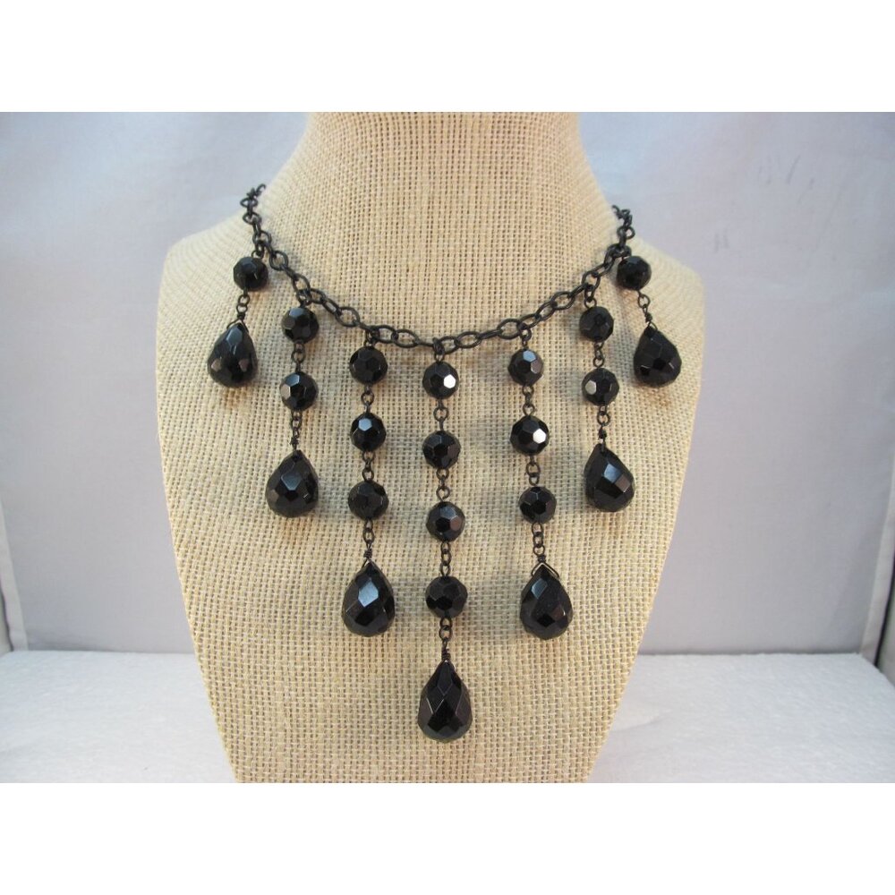White House Black Market Black Glass Beaded Tear Drop Fringe Necklace